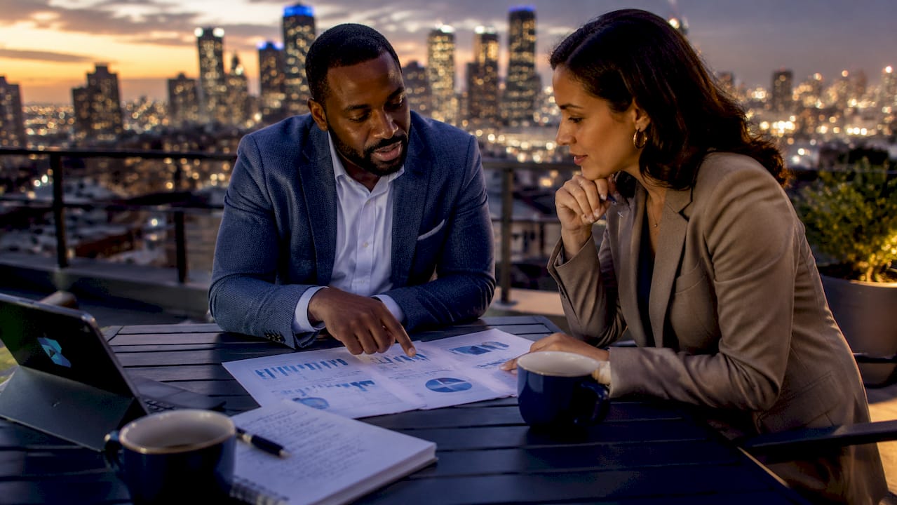 Two owners discussing business valuation documents