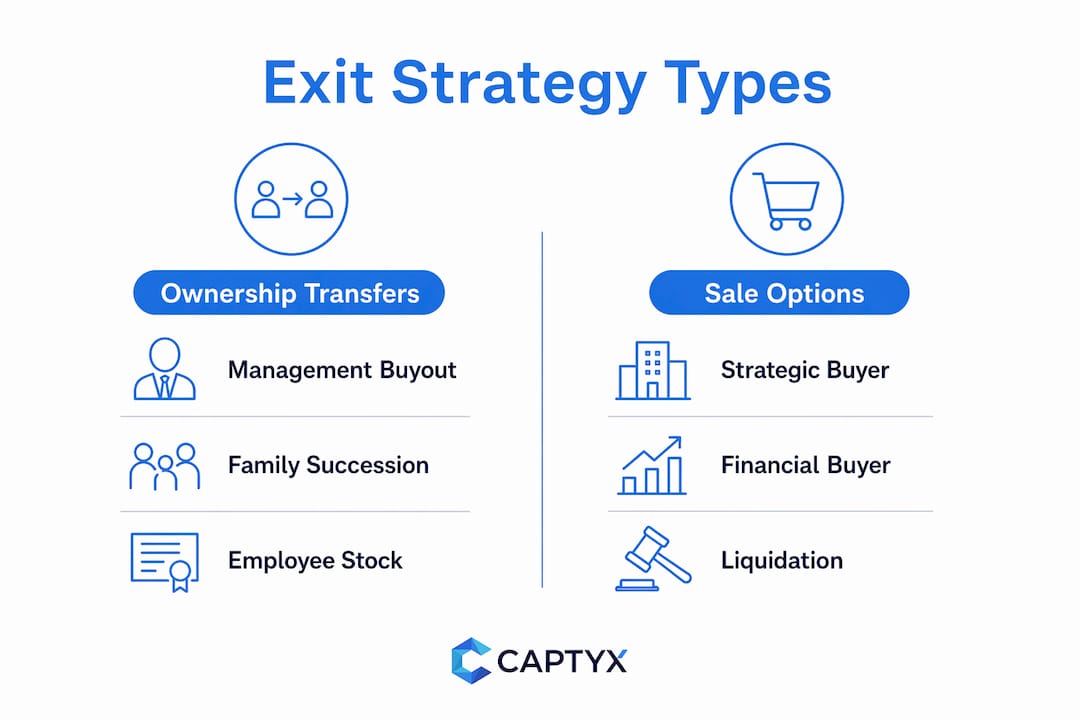 Infographic presenting types of business exit strategies