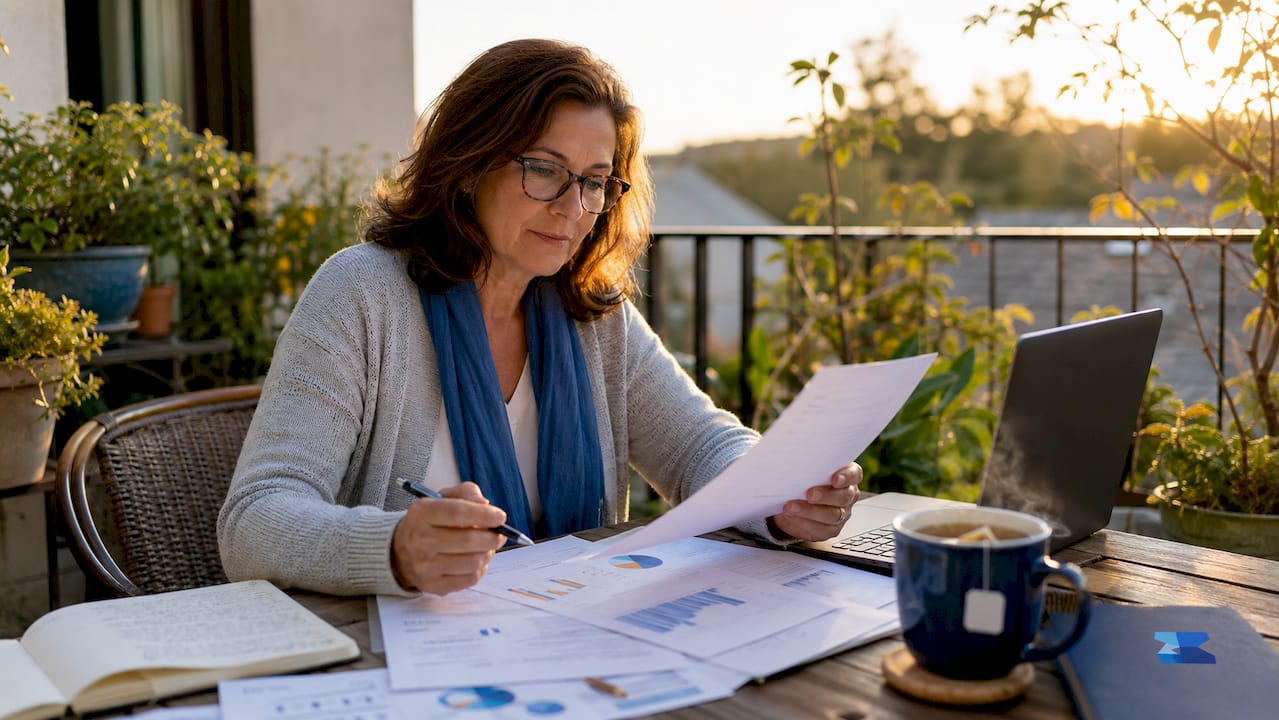 Business owner reviewing financial statements at home