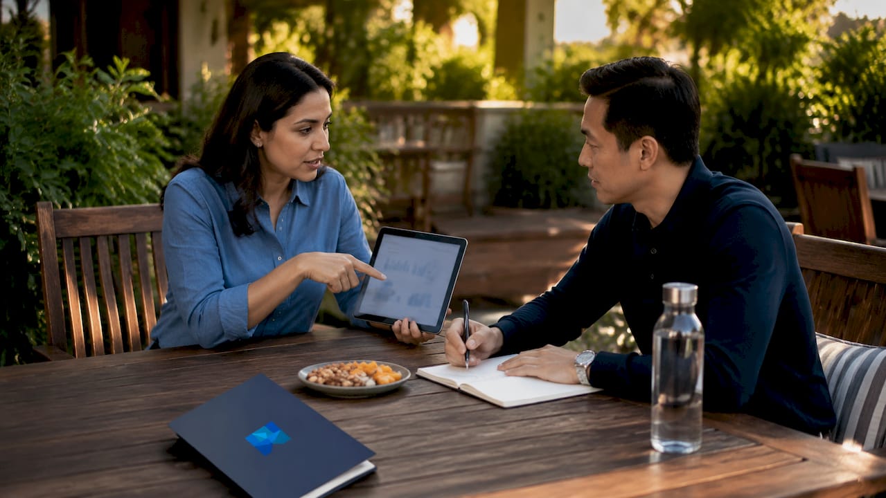 Two professionals discussing business ownership transfer