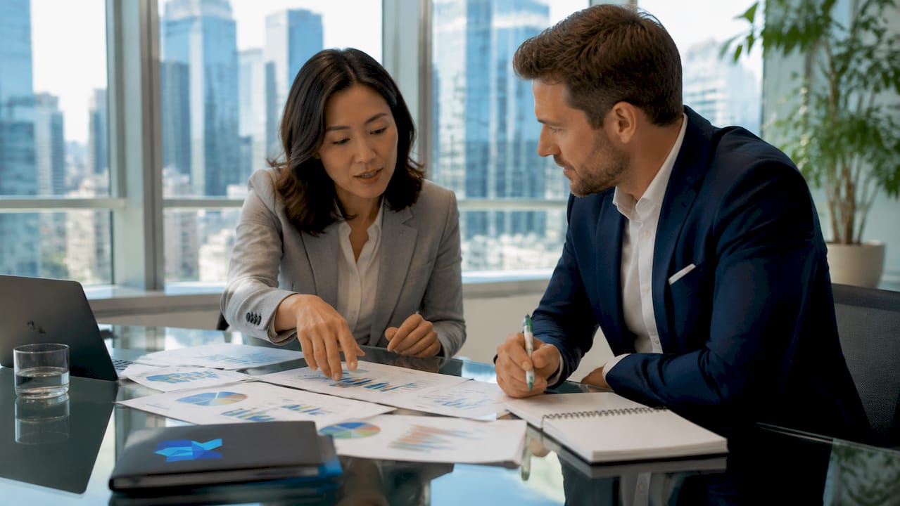 Two professionals discussing business valuation charts