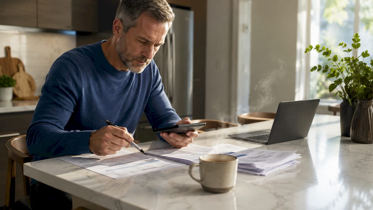 Accountant calculating with financial documents and calculator