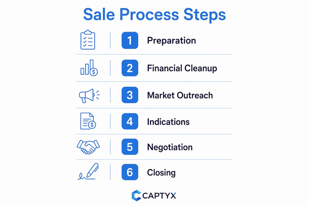 Infographic illustrating private equity sale process steps