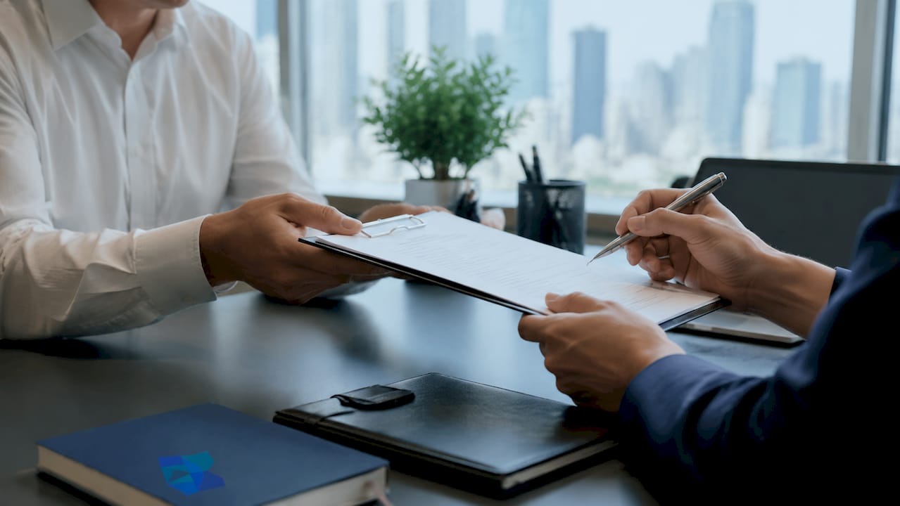 Hands exchanging signed client retainer contract