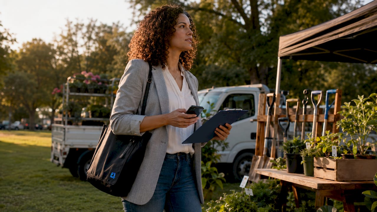 Small business owner at landscaping company entrance