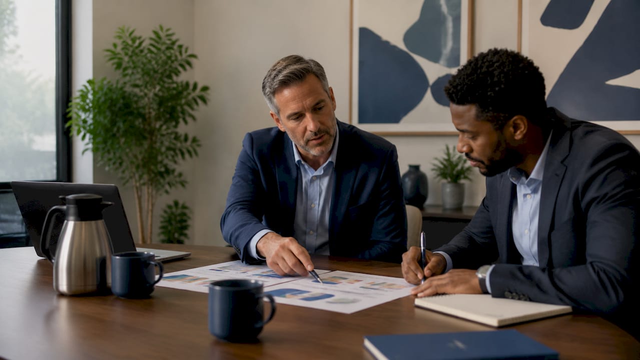 Overhead view of two men discussing financial reports at table