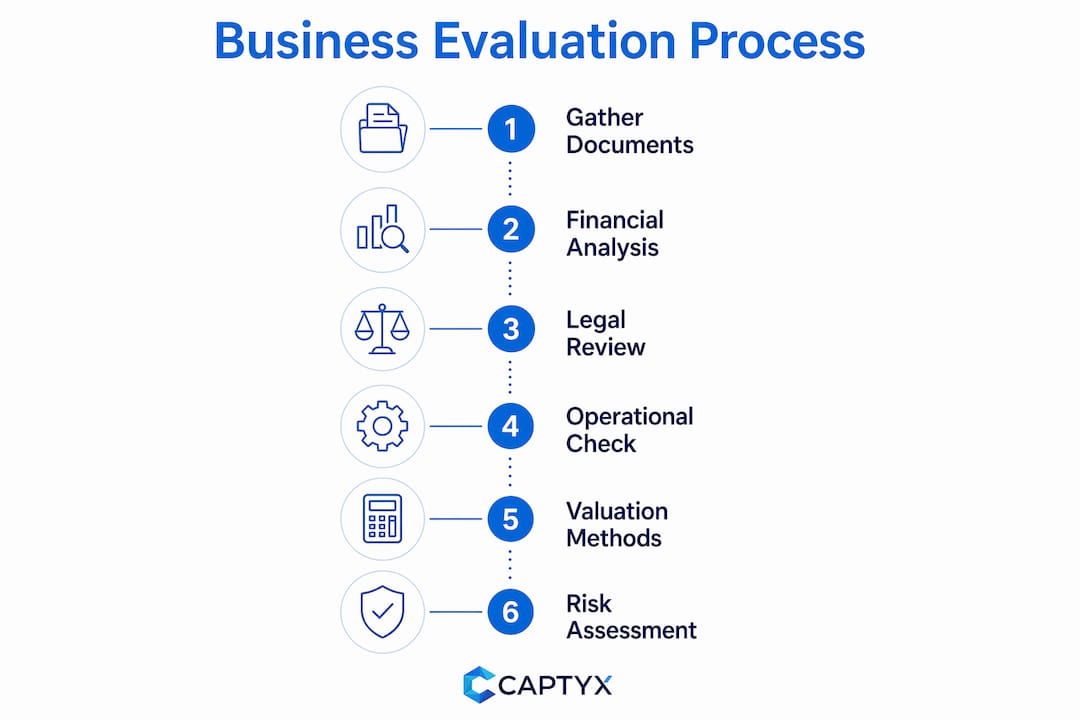 Infographic illustrating steps to evaluate a business before buying