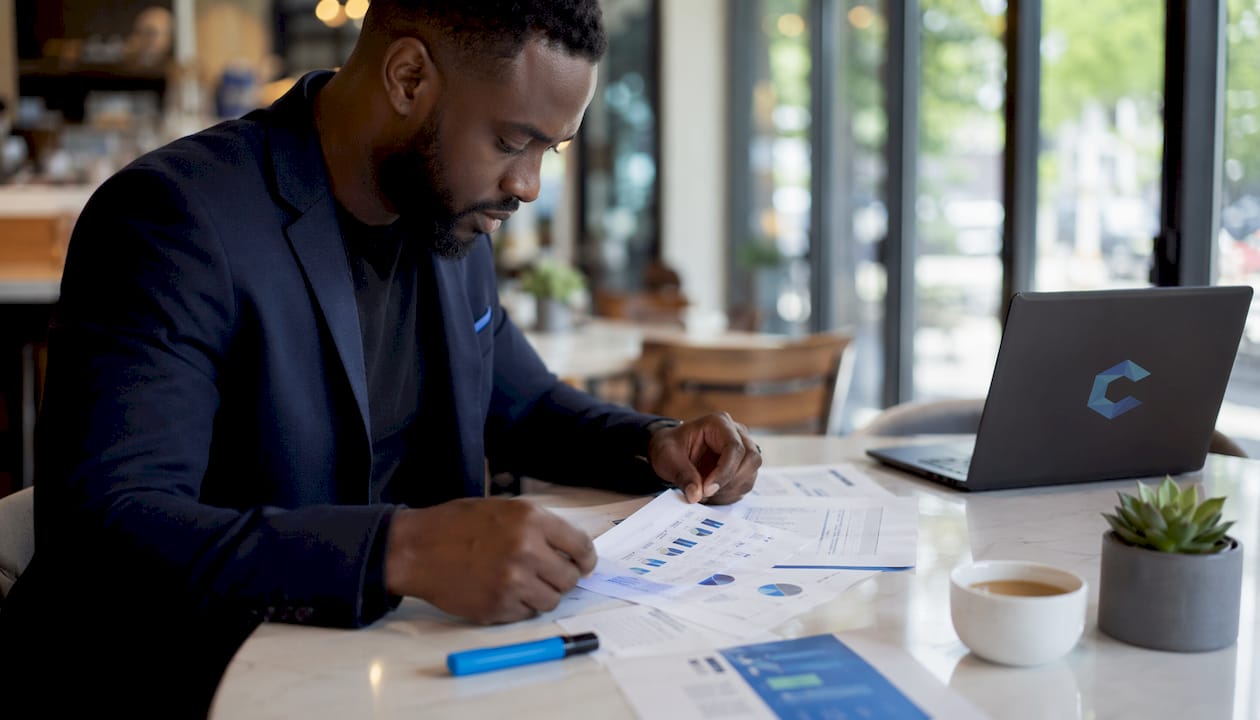 Hands arranging business operational maturity documents