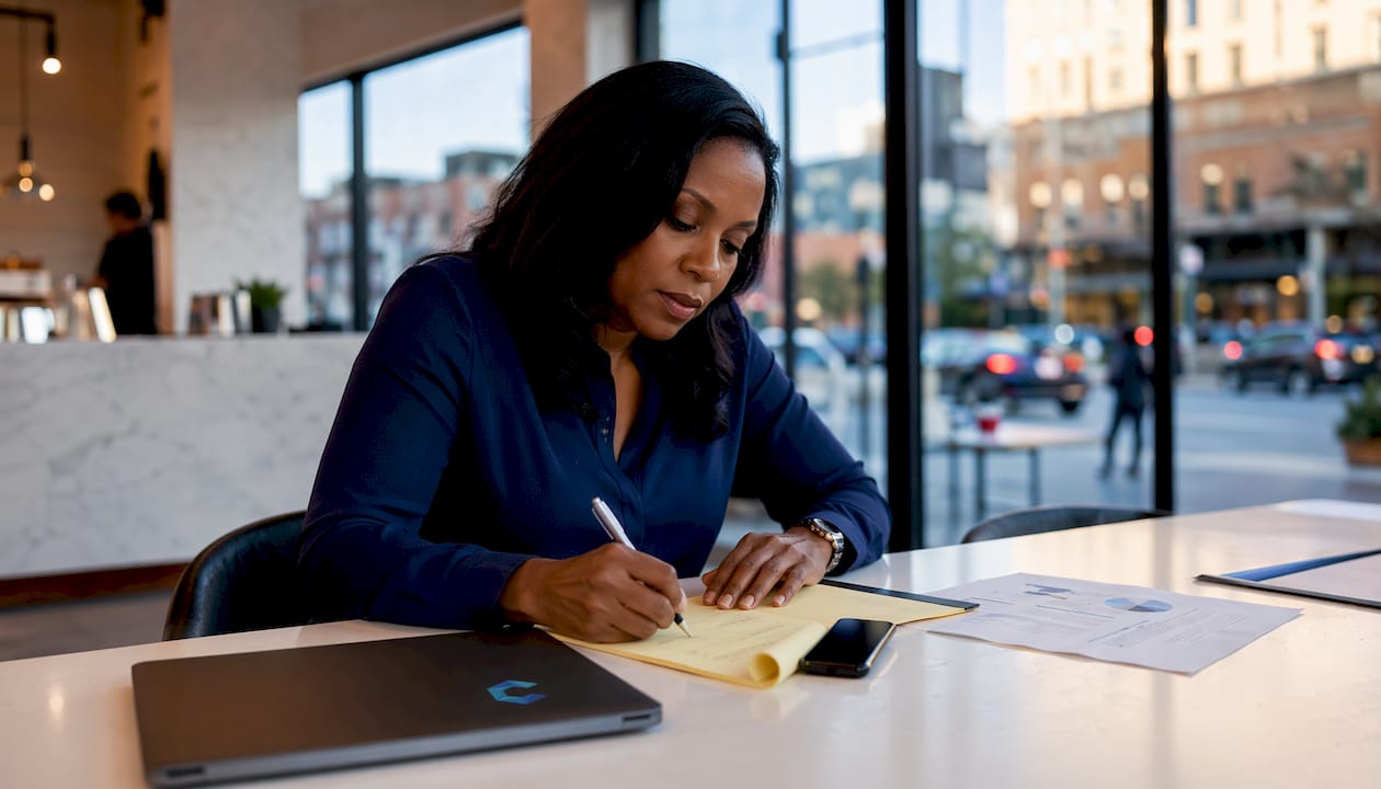 Business owner preparing synergy narrative notes