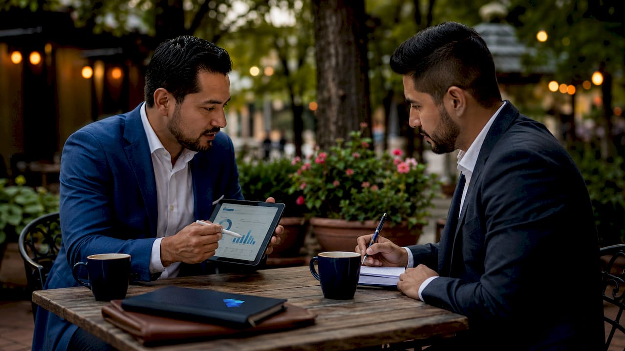 Two men discussing strategic and financial buyers