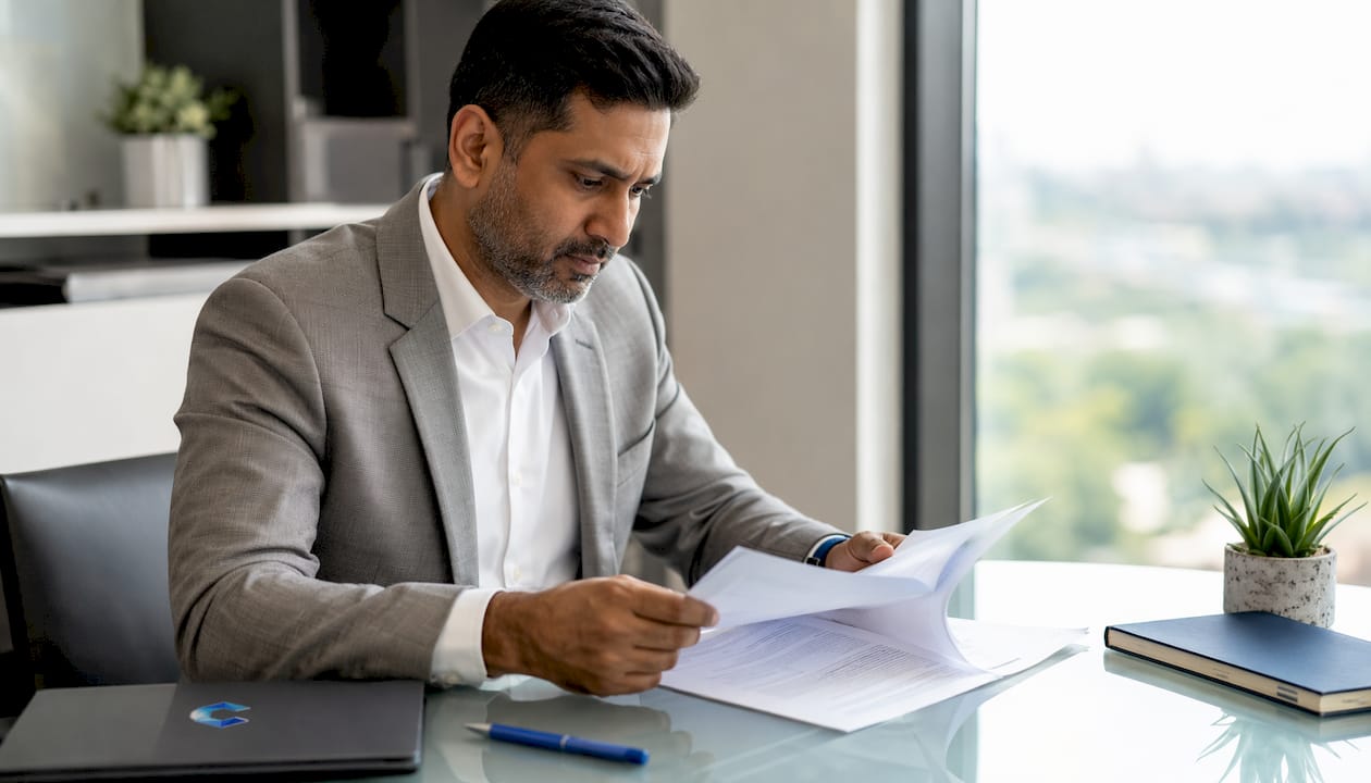 Hands holding stock purchase agreement documents