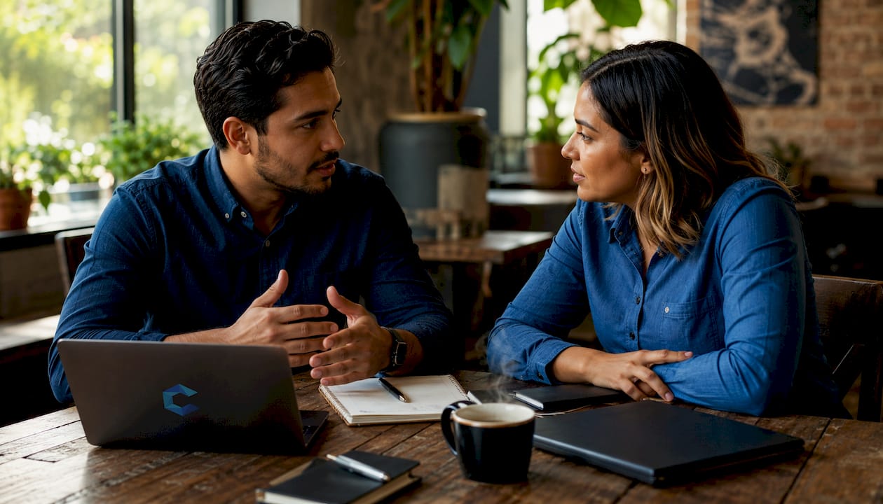 Two business partners discussing risk allocation