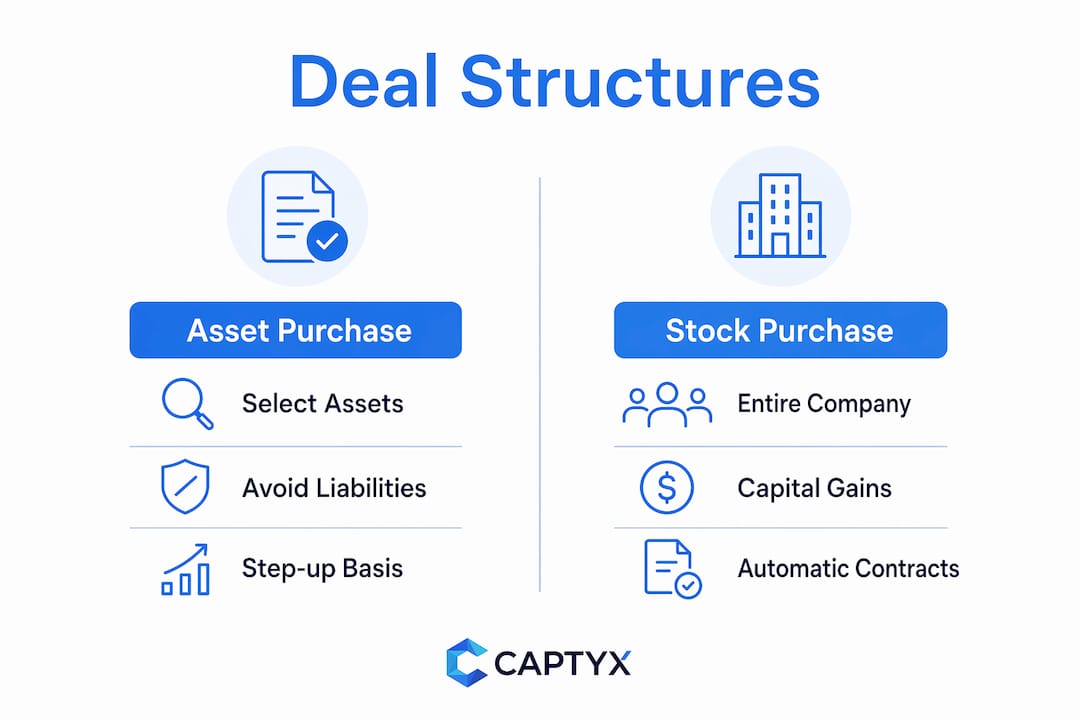 Infographic comparing asset and stock purchase deal structures