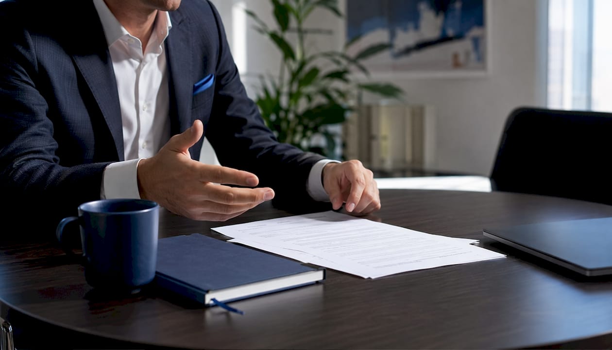 Hands gesturing over contract documents at desk