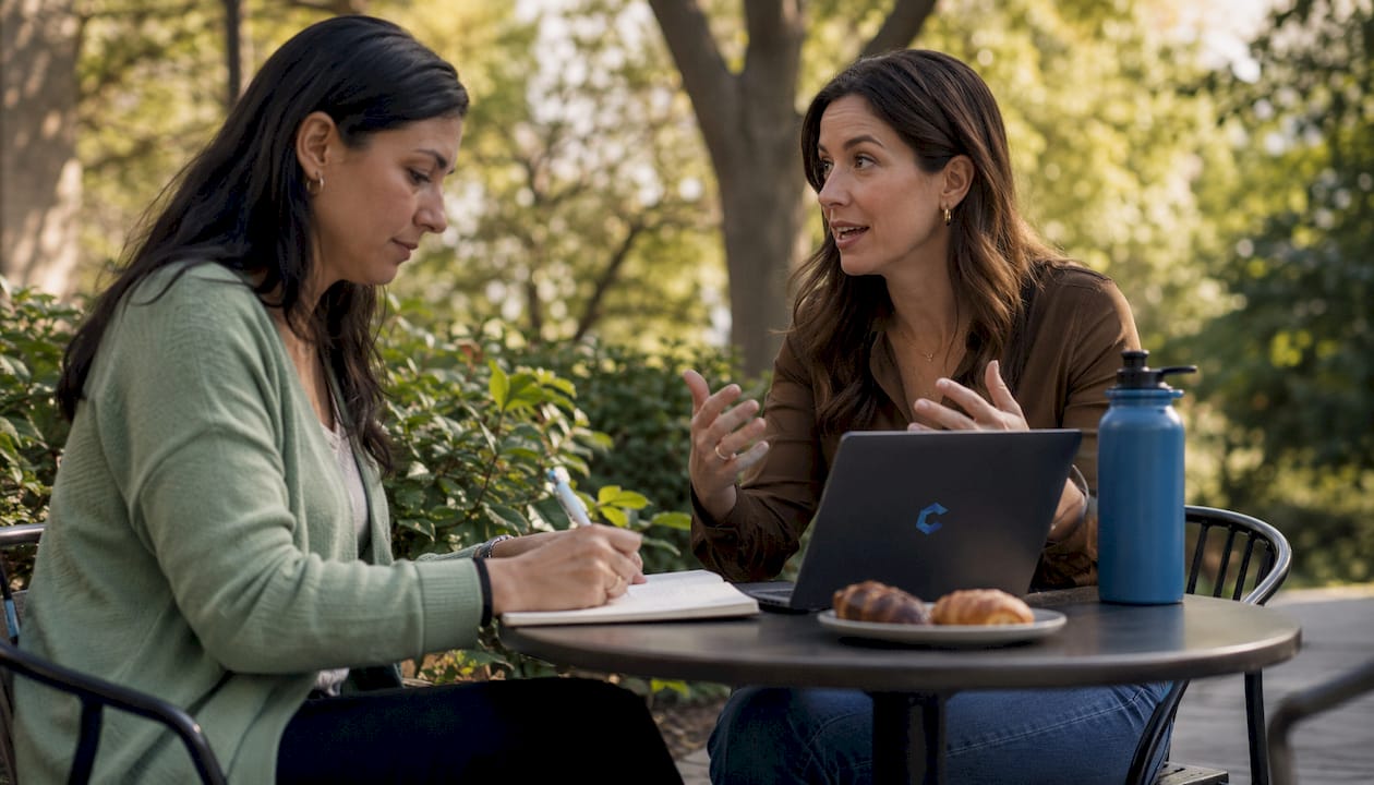 Two sellers discussing MA advisor options at caf&eacute;
