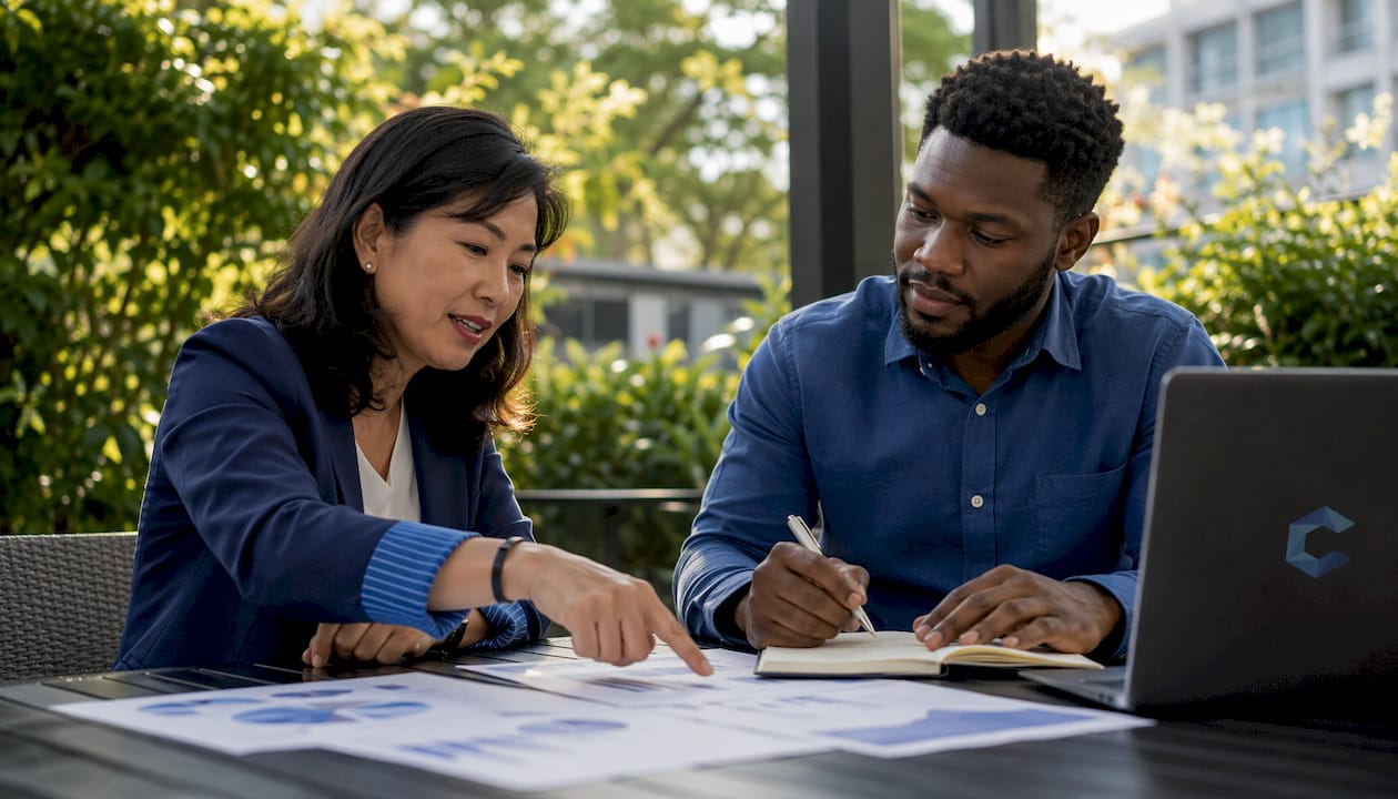 Colleagues discussing strategic business acquisition
