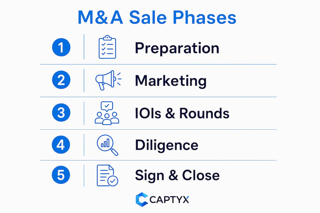 Infographic outlining MA sale process phases in vertical flow