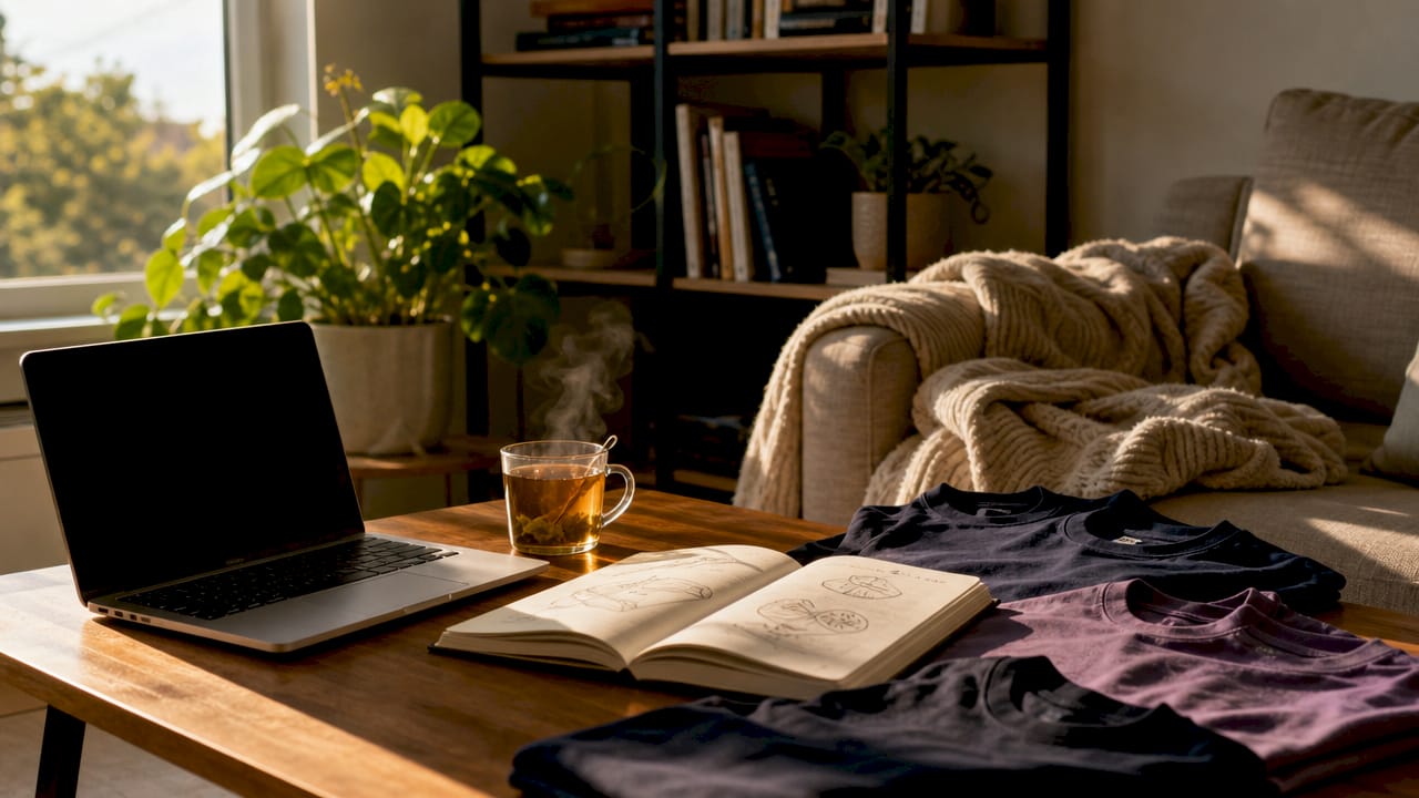 Workspace with laptop and developer tees stack