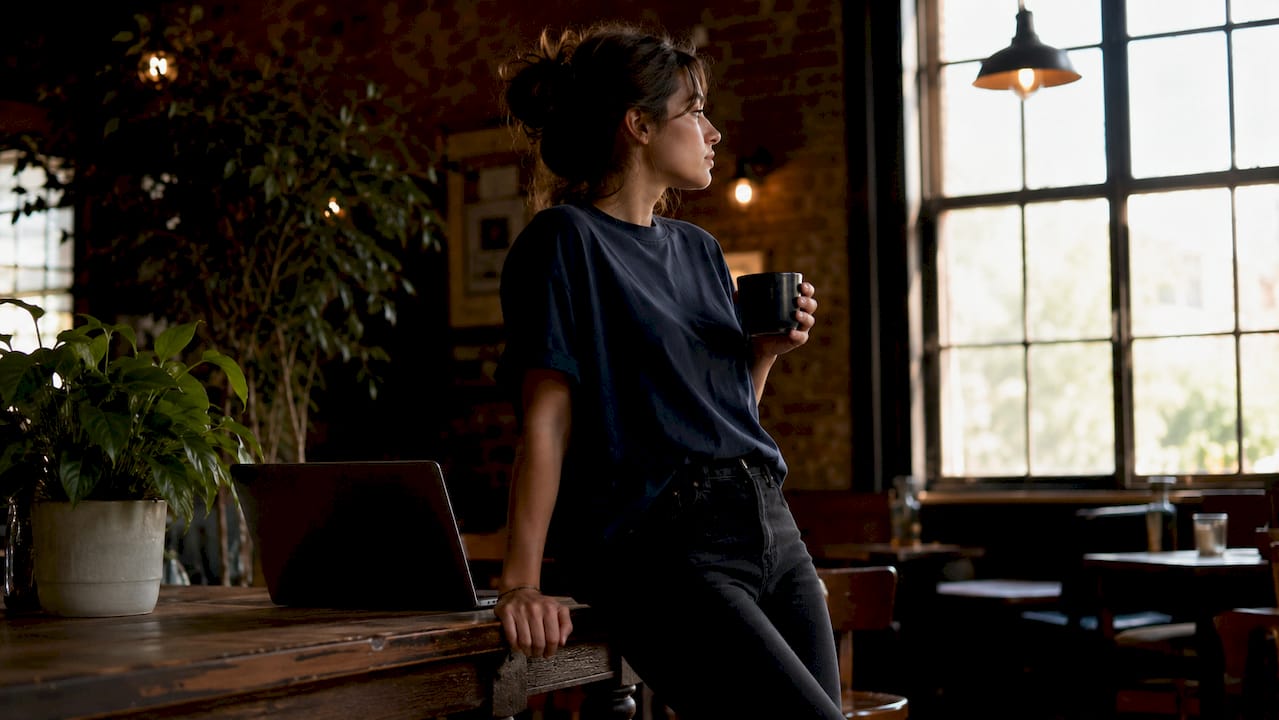 Woman in drop shoulder elevated tee standing in coworking space