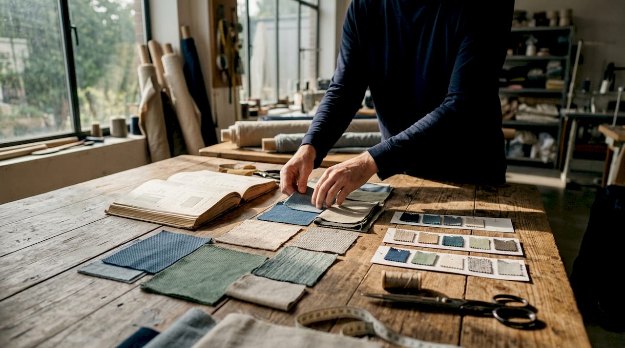 Hands sorting recycled fabric swatches on table