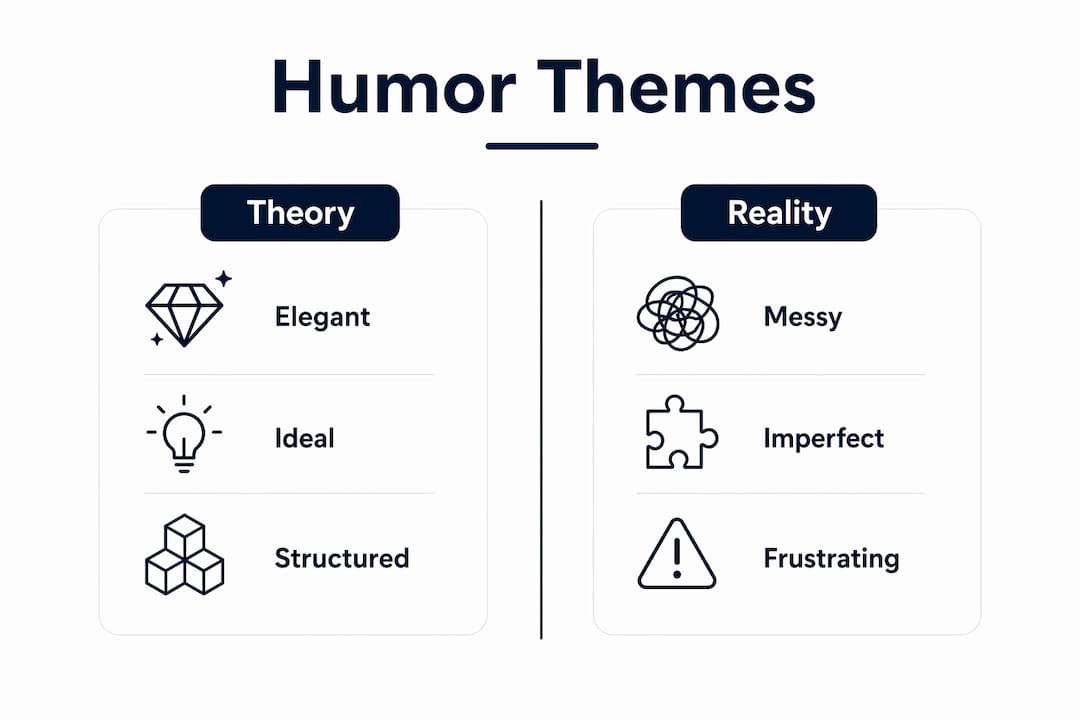 Infographic comparing theory and reality humor themes