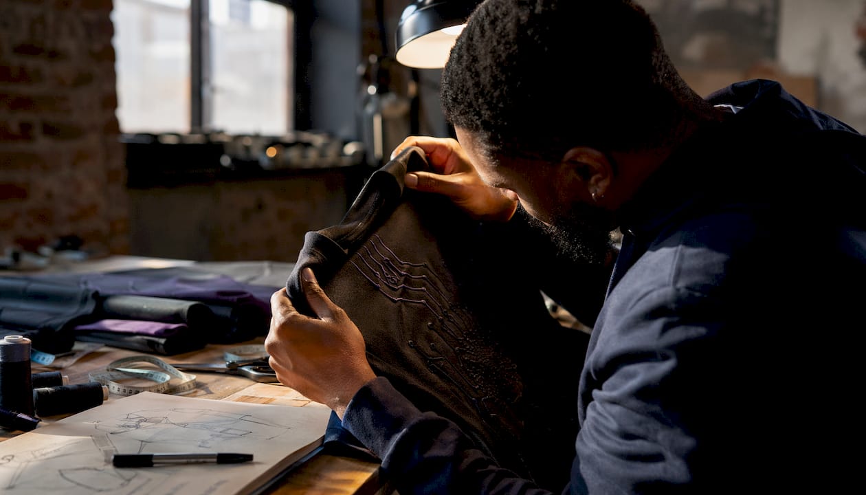 Man inspecting technical details on developer shirt