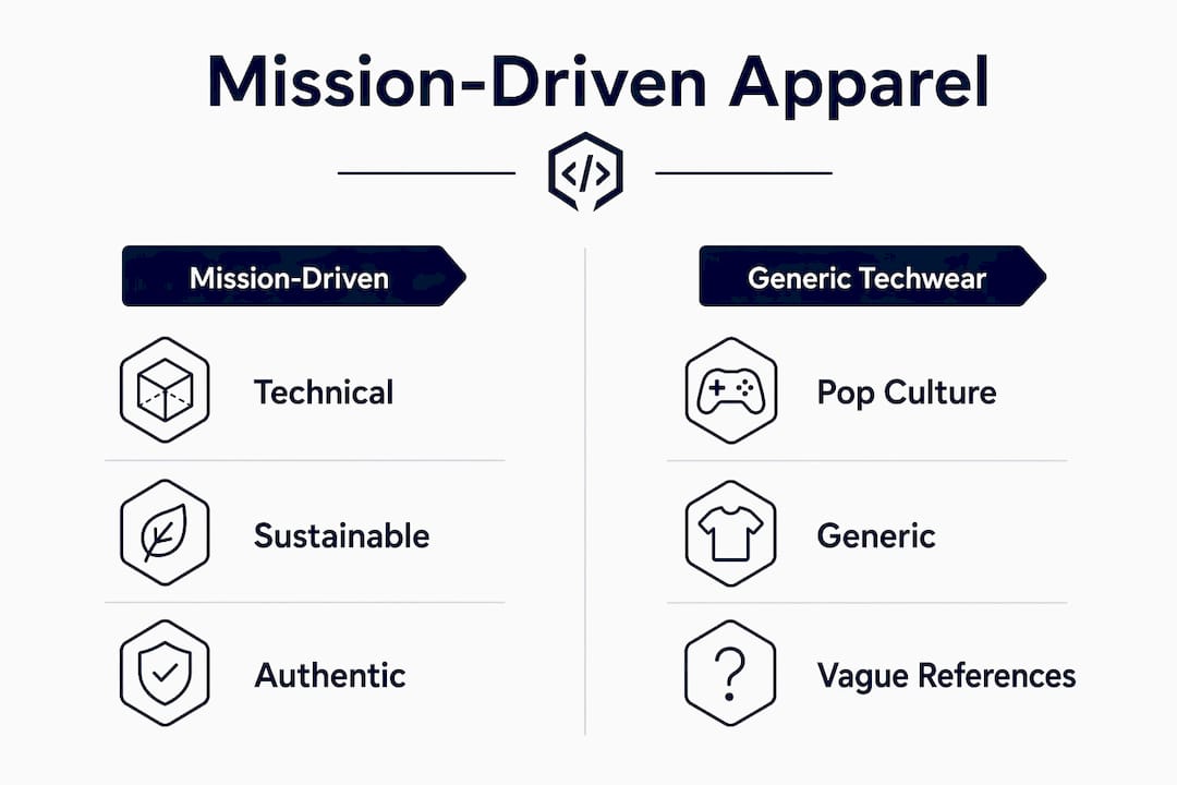 Infographic comparing mission-driven apparel versus generic techwear