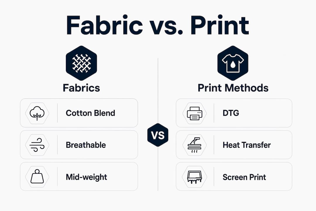 Comparison infographic of fabrics and print methods