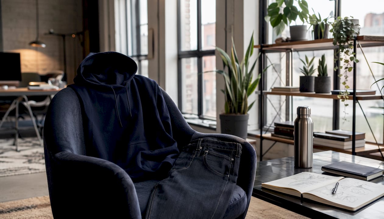 Structured hoodie and jeans on chair in workspace