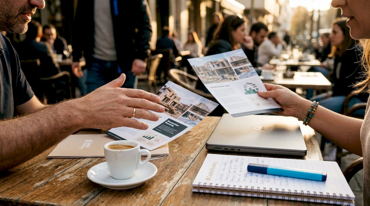 Hands holding construction loan brochures at café table