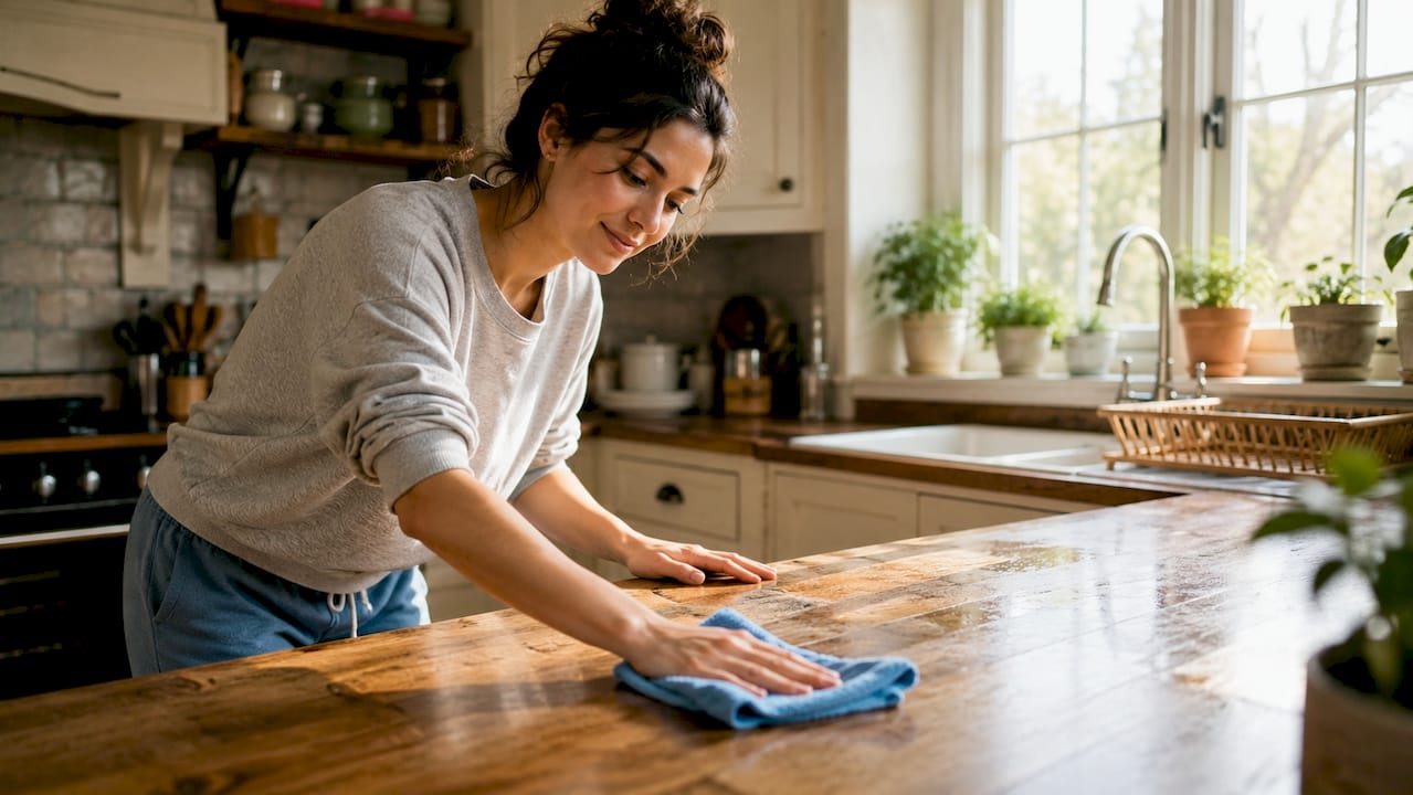 Woman cleaning kitchen counter in bright home