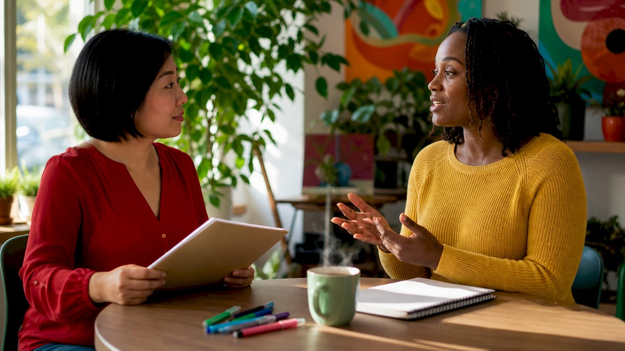 Two women practicing beauty school interview questions