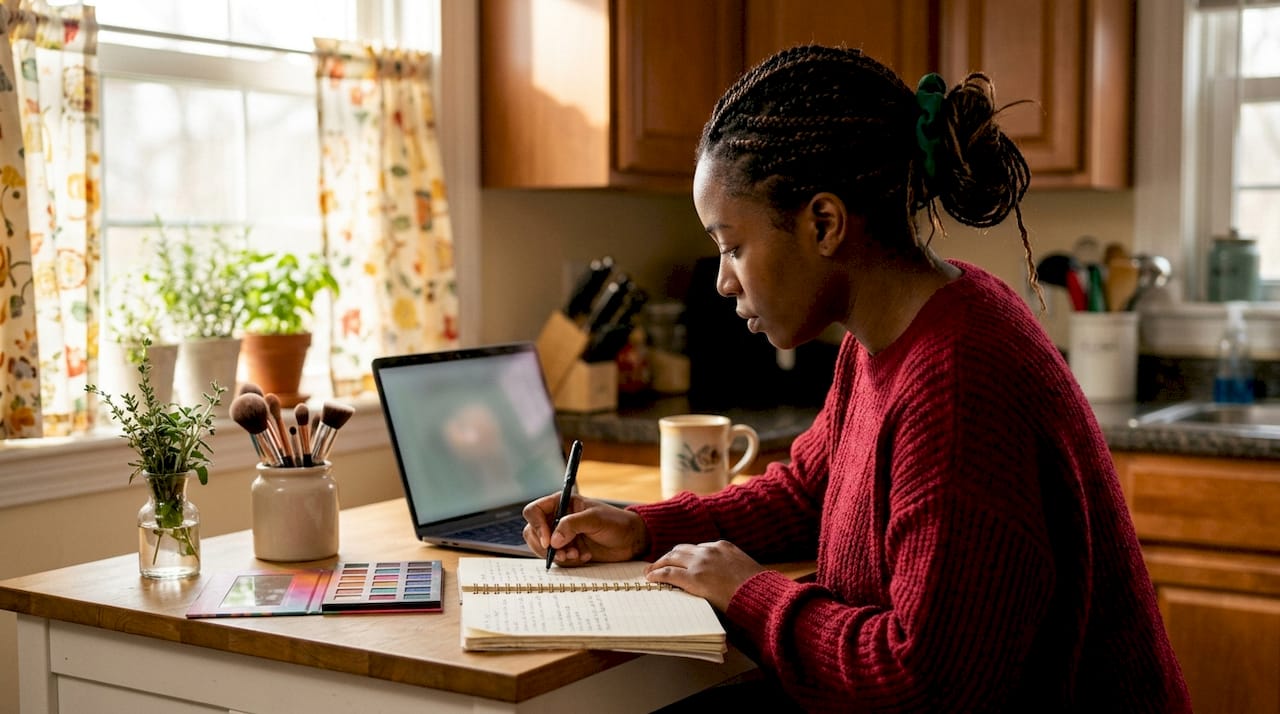 Woman studying beauty techniques at home desk