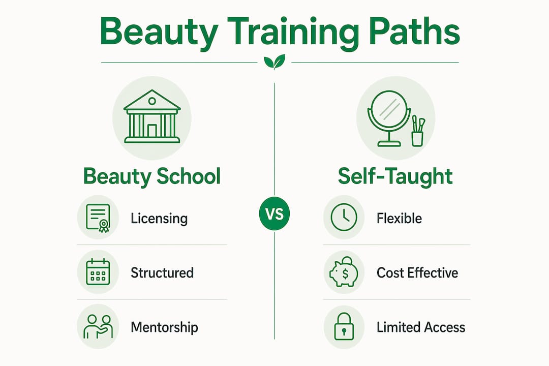 Infographic comparing beauty school and self-taught paths