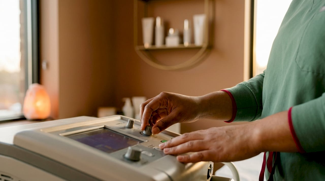 Hands adjusting laser device in esthetics training