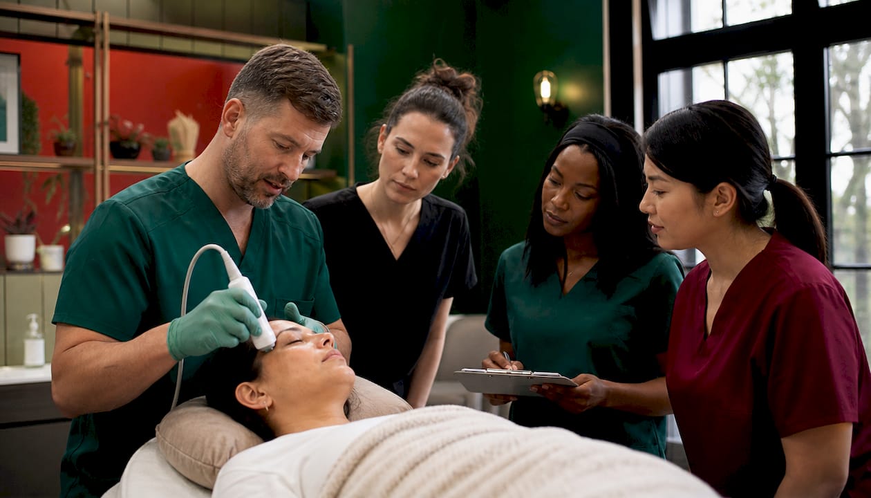 Instructor demonstrating ultrasound treatment to students