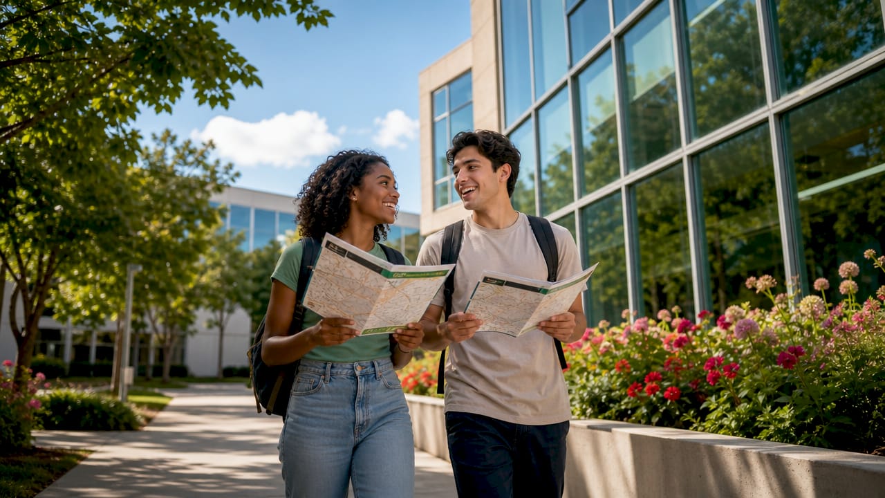 Students on beauty school campus tour outdoors
