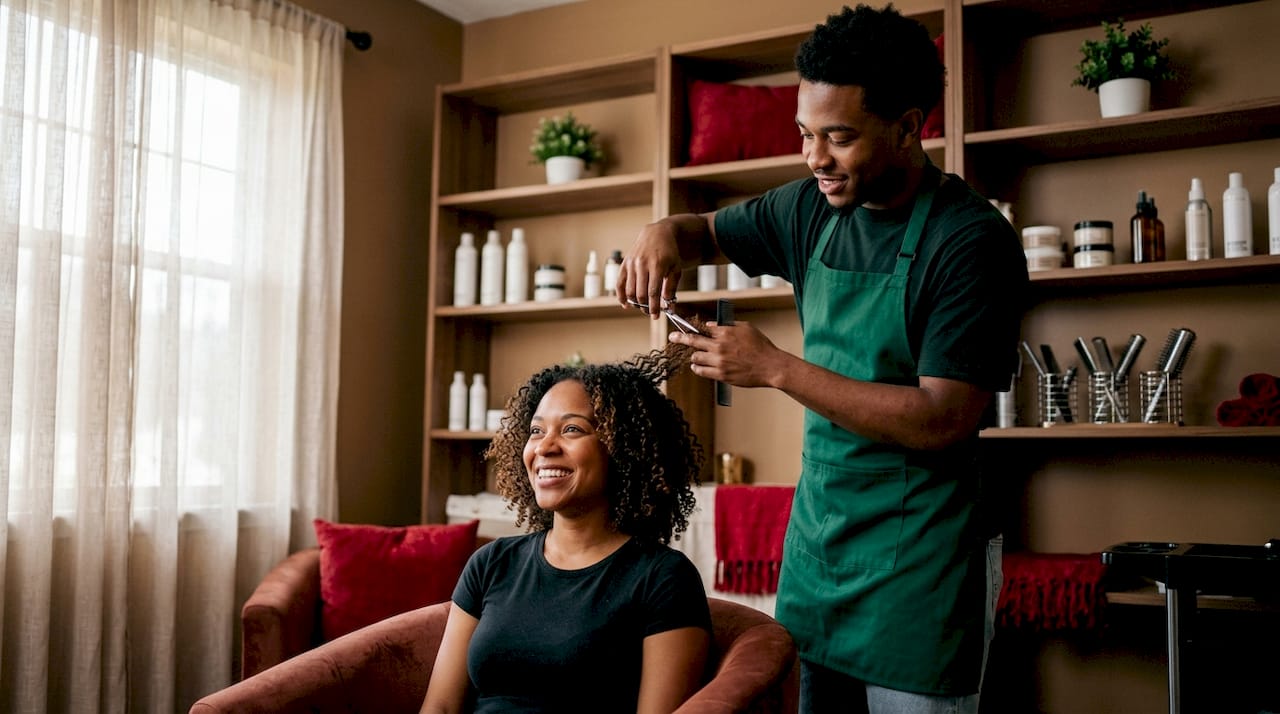 Cosmetologist styling client’s hair in salon chair
