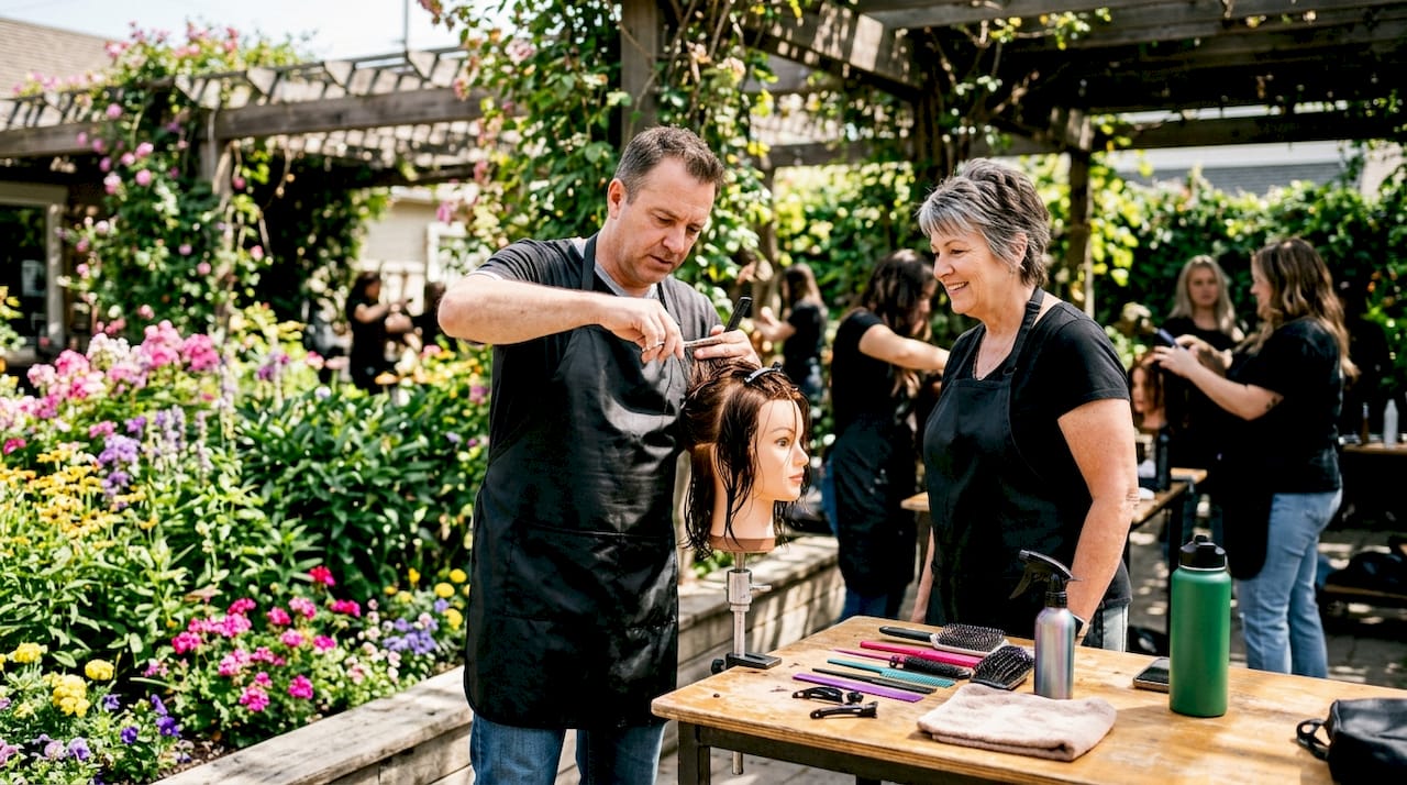 Cosmetology apprentice practicing haircut in salon