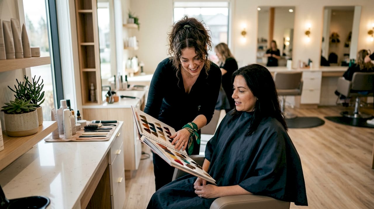 Hairstylist showing portfolio to client in salon