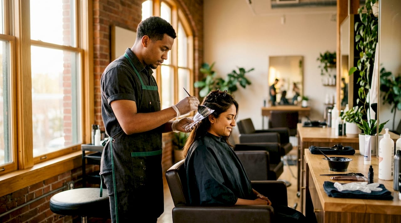 Cosmetology student applying hair color skillfully