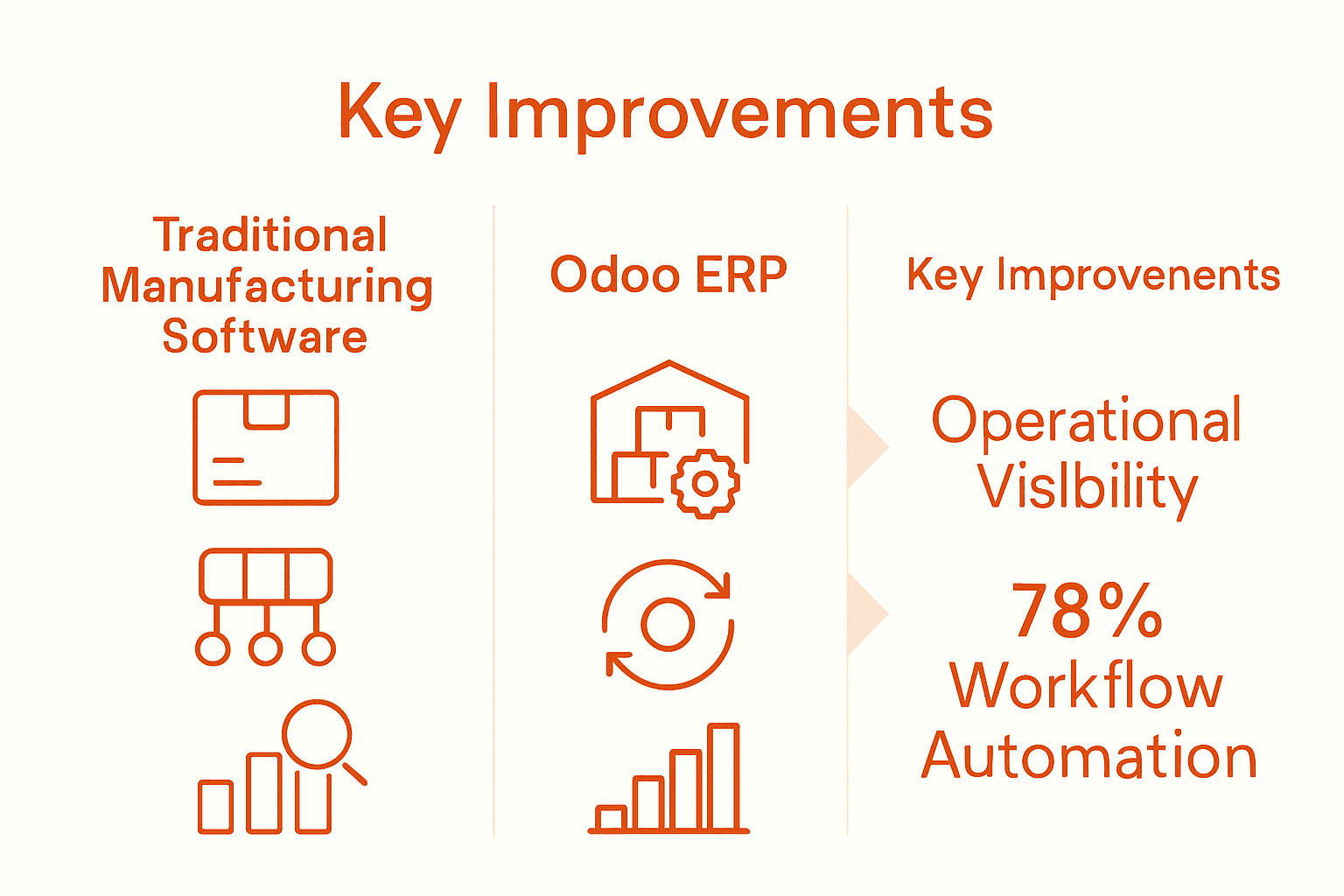 Comparison of traditional manufacturing software and Odoo ERP with icons and improvement arrows