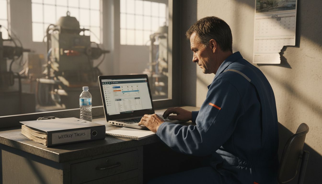 Technician updating maintenance logs in factory