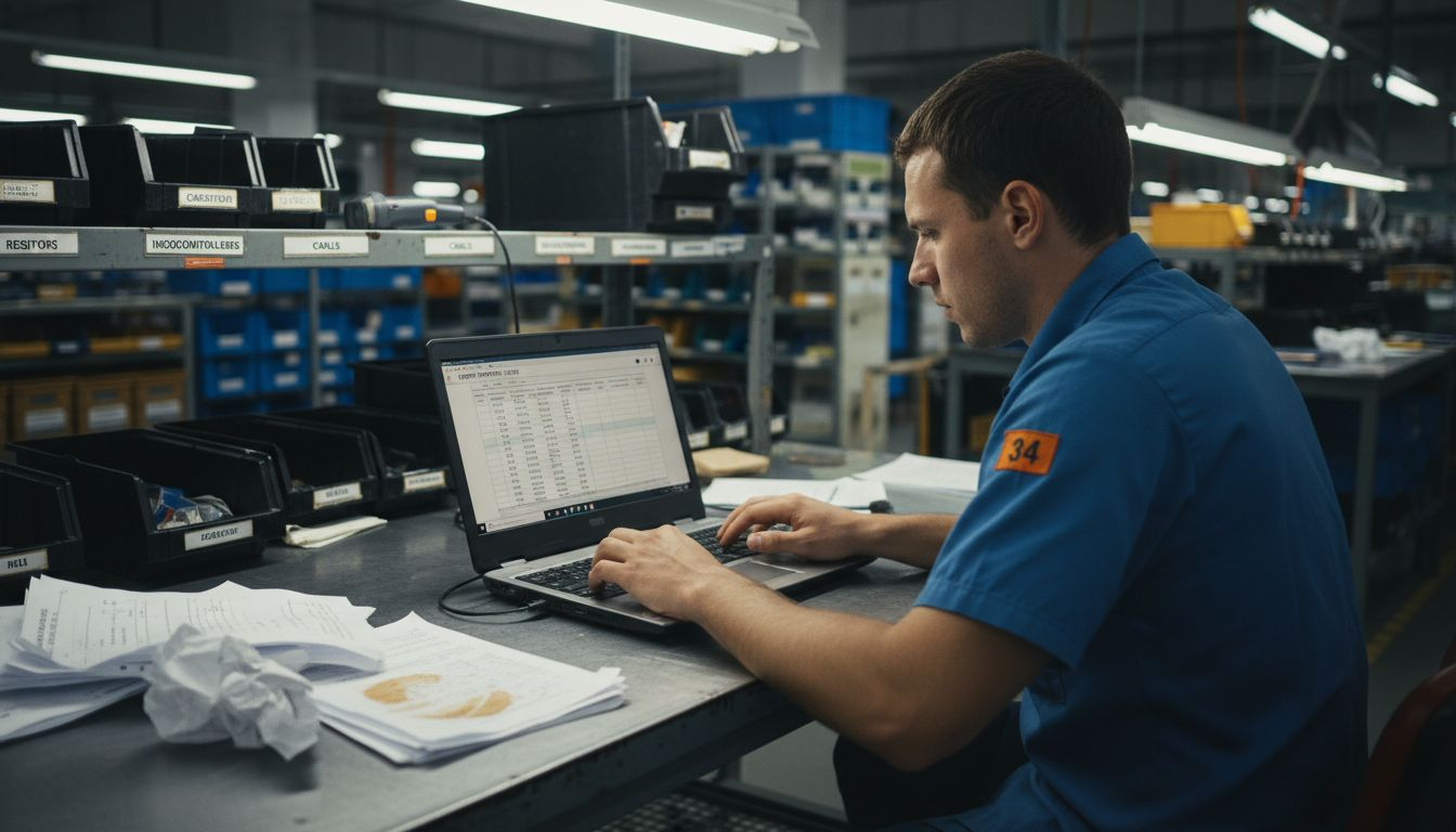 Technician updates ERP system inventory on floor