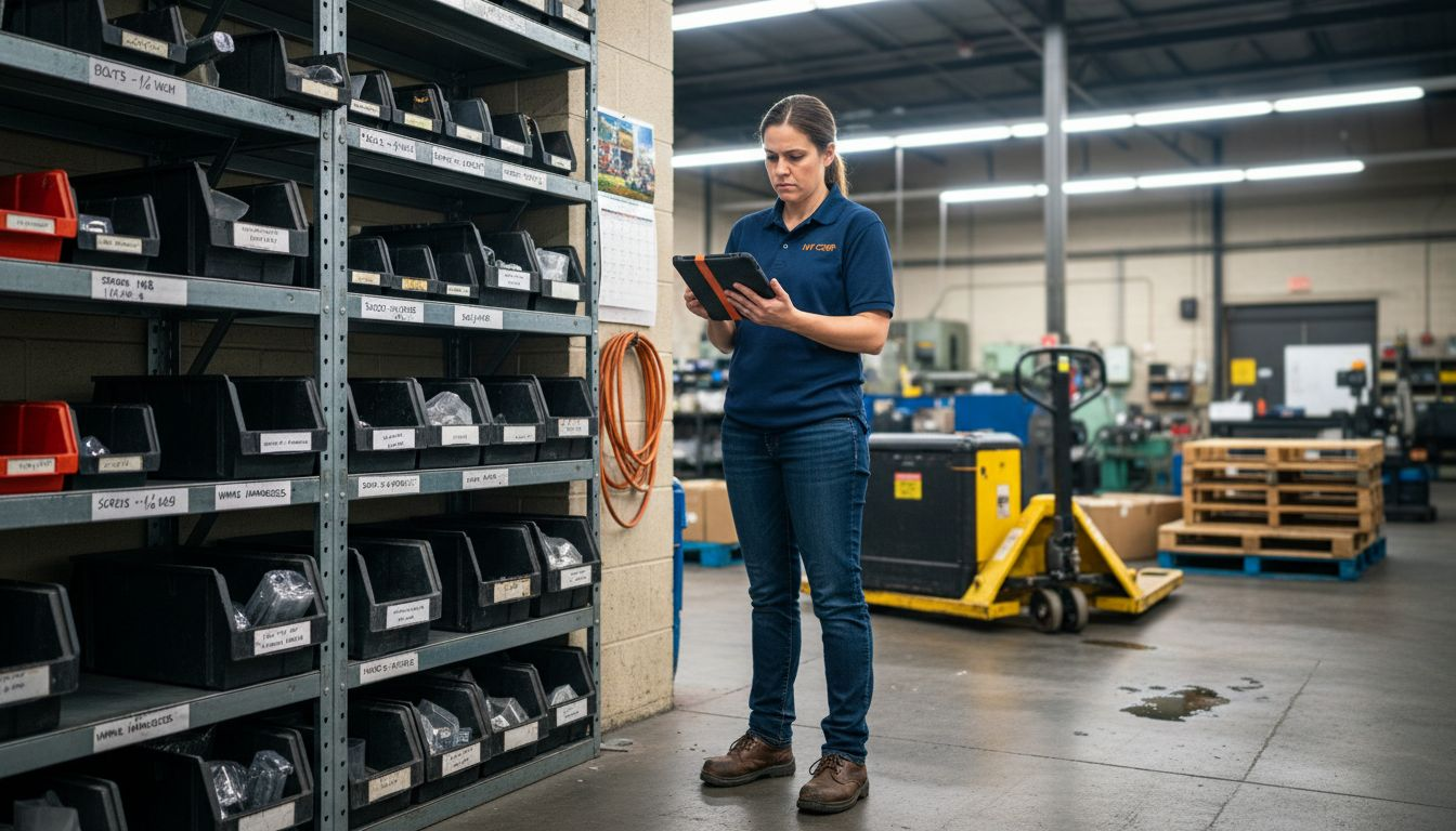 Supervisor verifying inventory near shop floor bins