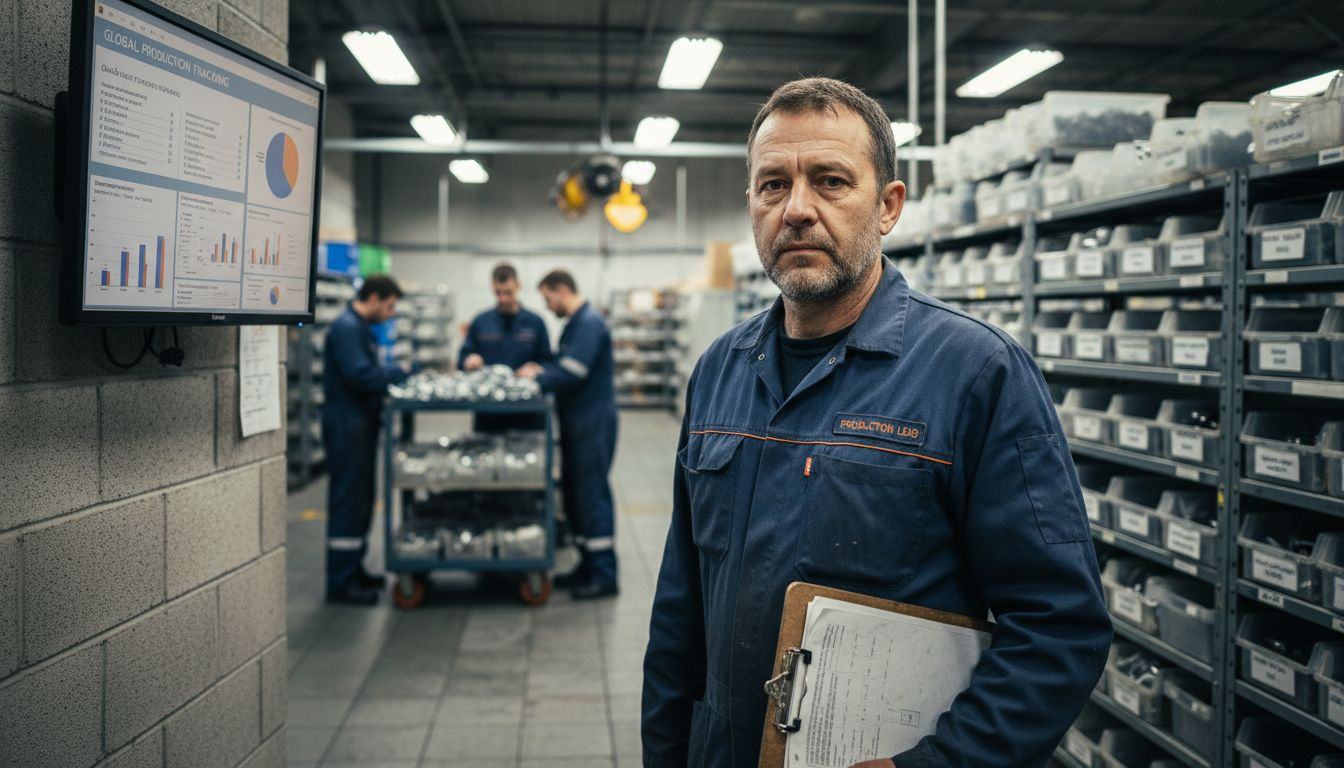 Supervisor viewing ERP dashboard on factory floor