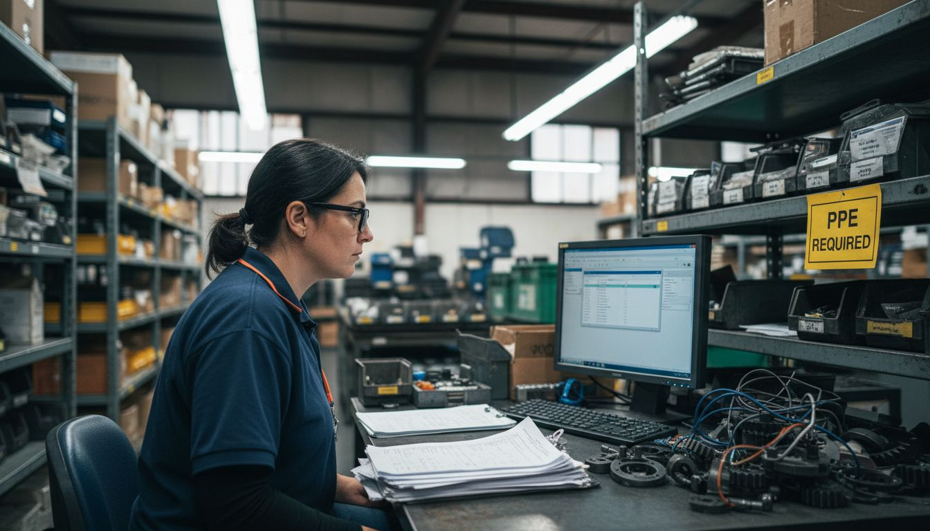 Supervisor using Odoo ERP at factory workstation