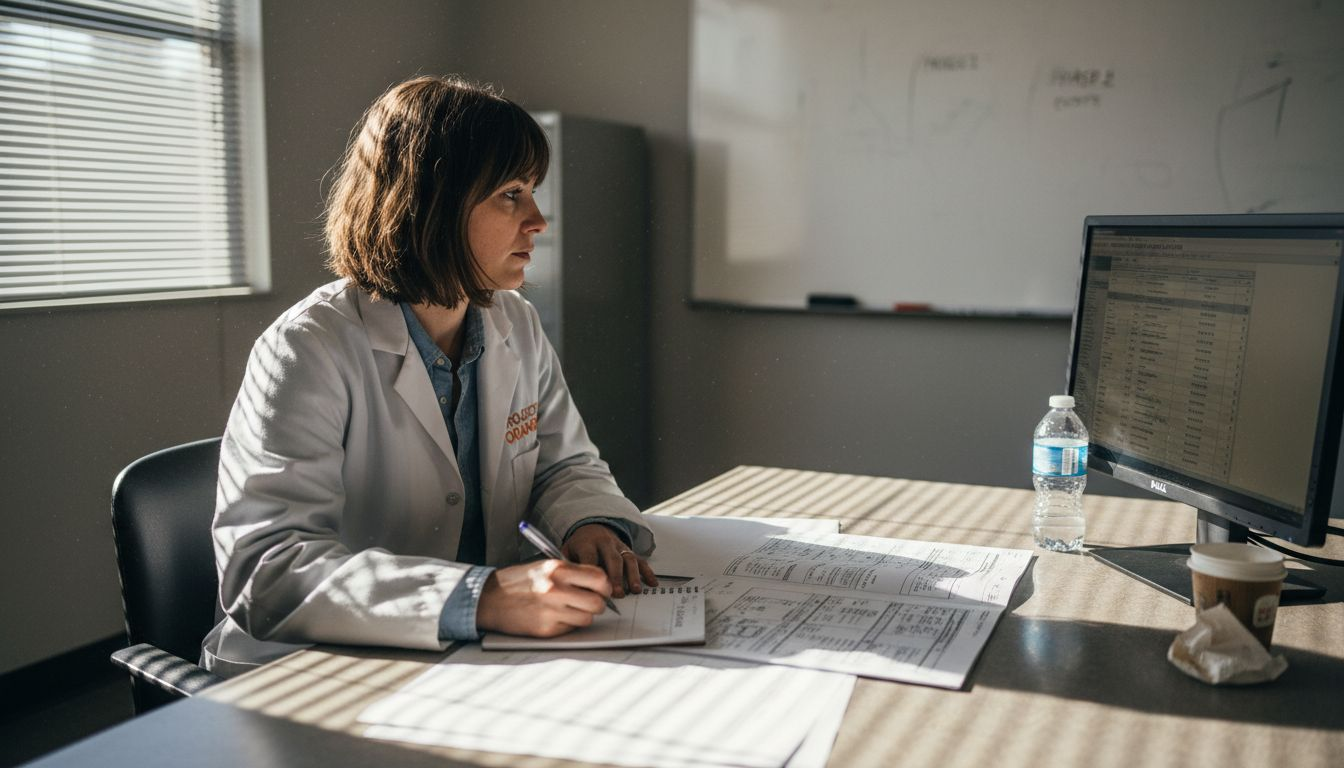 Engineer reviewing printed and digital BOMs