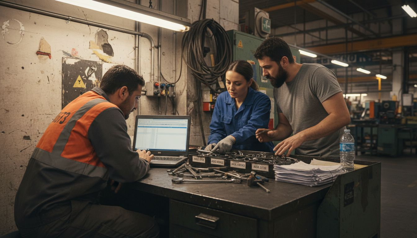 Team reviewing asset records near workstation