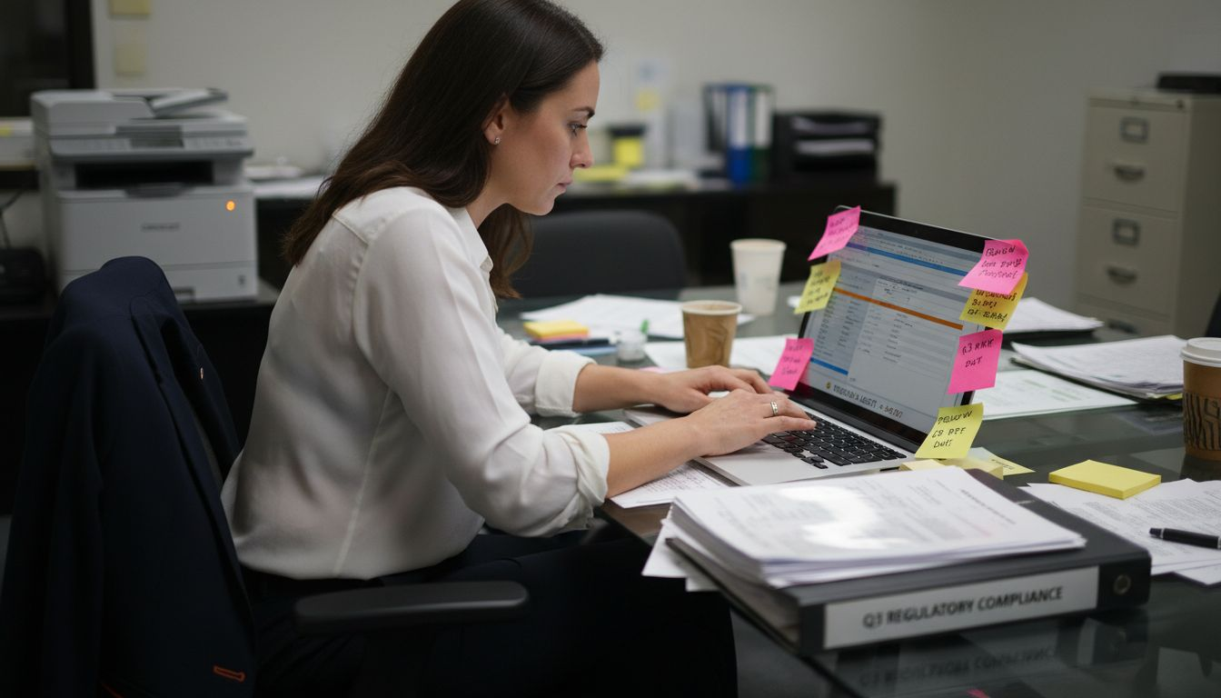 Compliance analyst updates tracking software in operations room